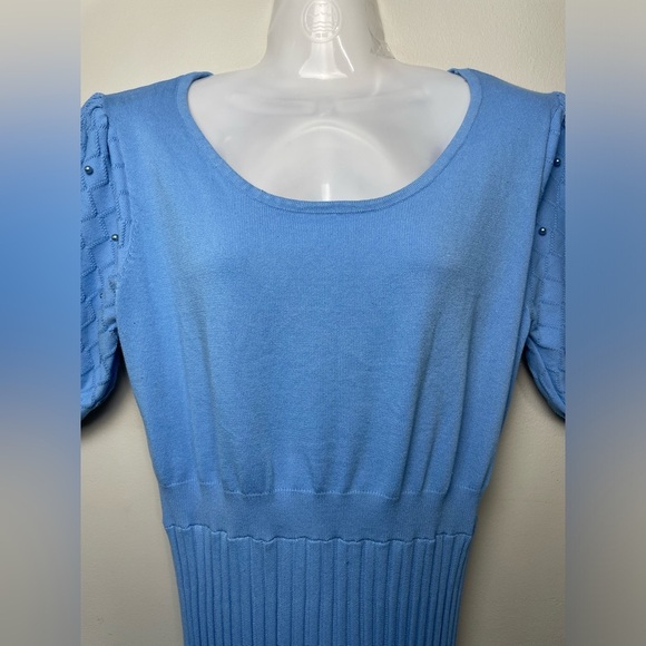 Nanette Lepore Blue Pearl Puff Short Sleeve Cinched Waist Pleated Dress Large - Picture 5 of 9